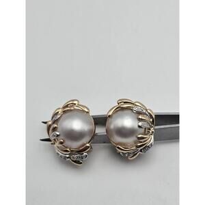 14k Solid Gold Diamond Mabe Pearl Earrings Y/w Gold Vintage